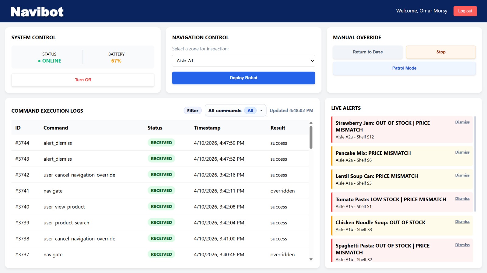NaviBot admin dashboard showing control panel, logs, and alerts