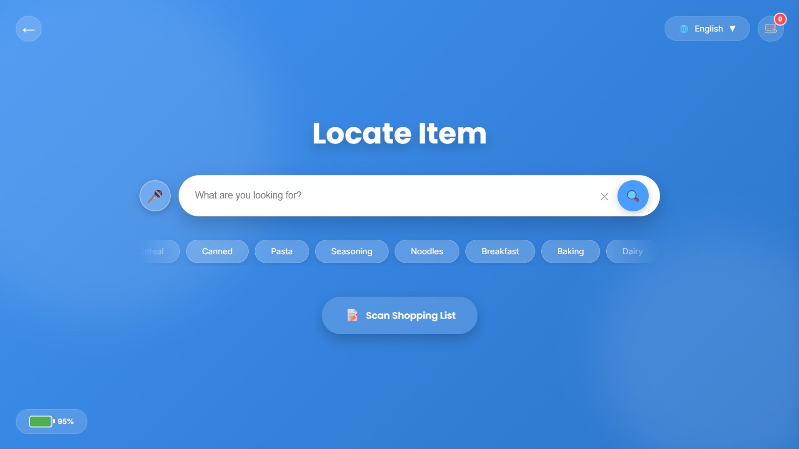 NaviBot customer touchscreen showing locate and scan options