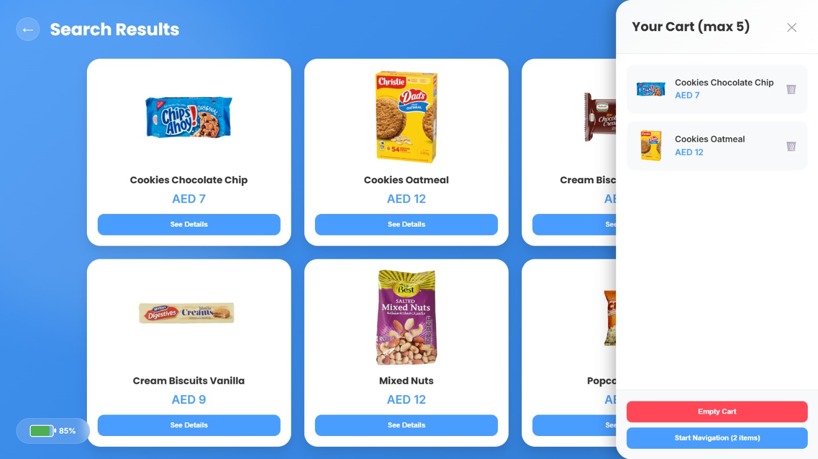 NaviBot product detail screen showing name, price, aisle and shelf